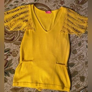 BCBGirls Crochet Sleeve Beaded Belted Knit Top